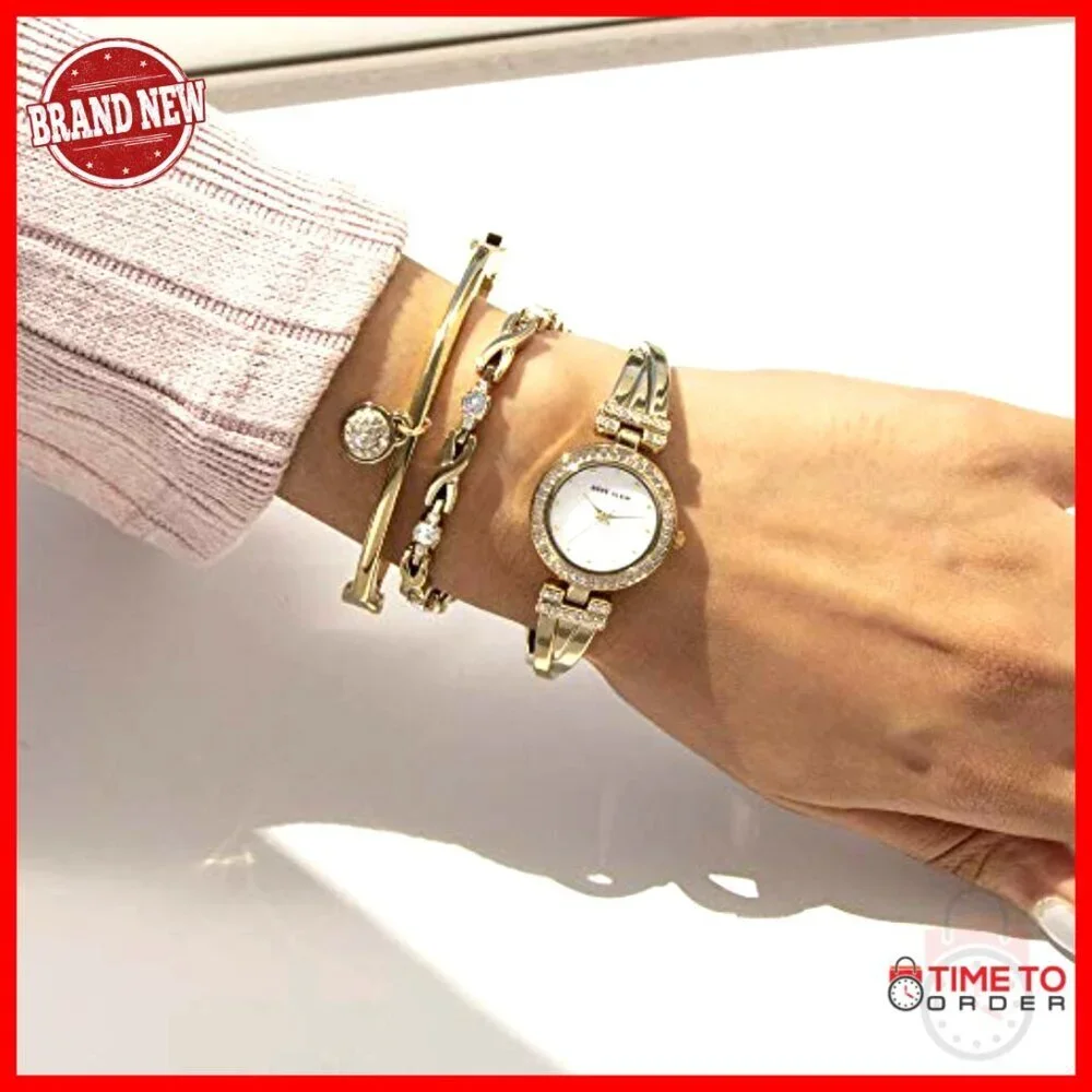 Gold-Tone Crystal Accented Bangle Watch Set Elegant Minimal Chic Wristwear